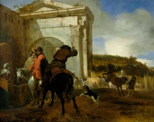 Italiaans landschap met ruiters bij een bron